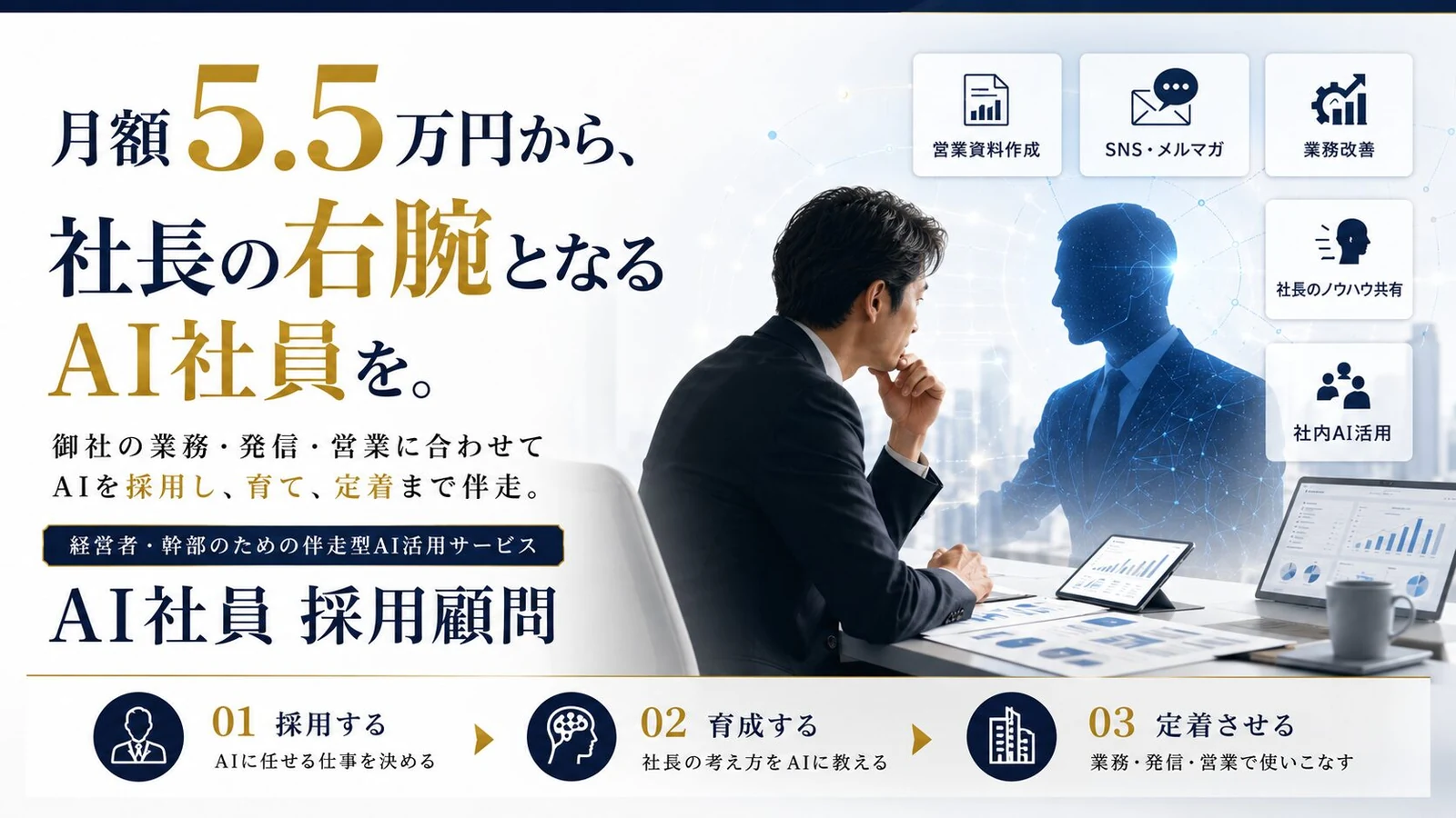 AI社員 採用顧問の案内バナー(月額5.5万円から・伴走型AI活用サービス)