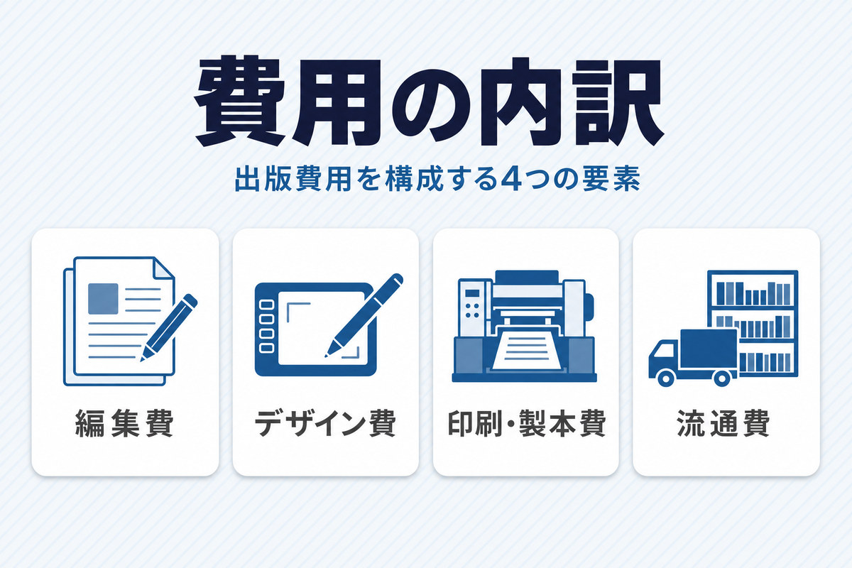 自費出版の費用を編集費・デザイン費・印刷製本費・流通費の4要素に分解した図 自費出版の費用を編集費・デザイン費・印刷製本費・流通費の4要素に分解した図