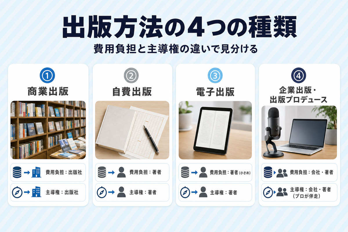 商業出版・自費出版・電子出版・企業出版プロデュースの4方式を費用負担と主導権の違いで比較したアイコンカード