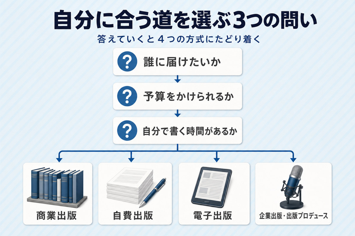 誰に届けたいか・予算をかけられるか・自分で書く時間があるかの3つの問いから4つの出版方式へ分岐する判断フローチャート