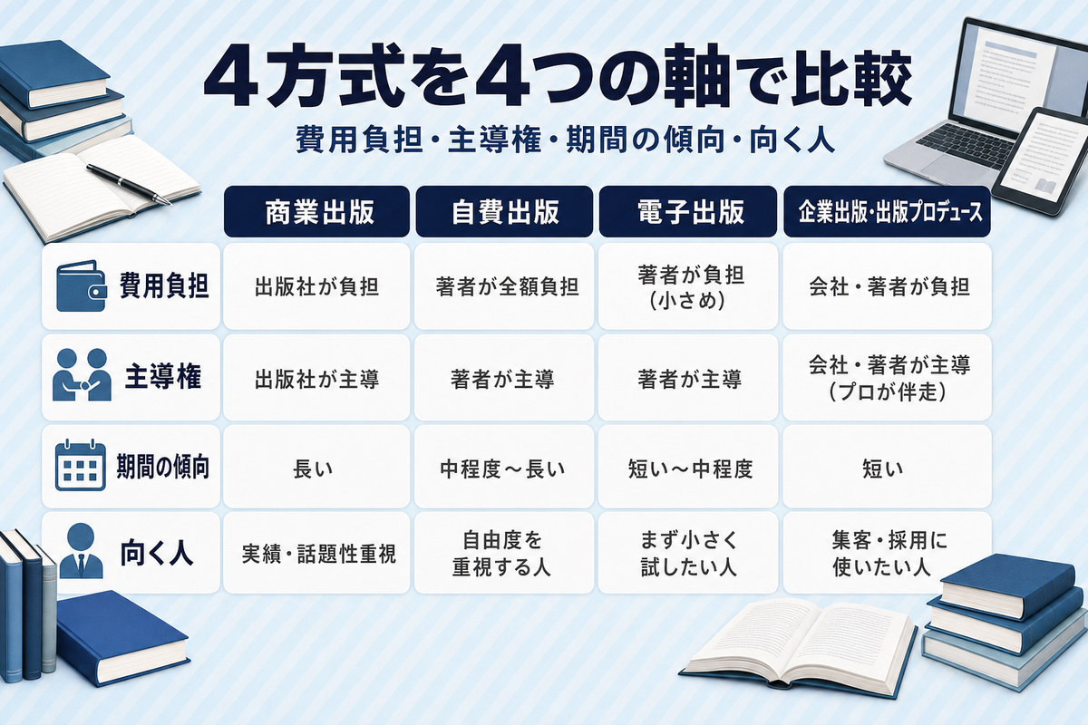 出版4方式を費用負担・主導権・期間の傾向・向く人の4項目で比較するマトリクス表