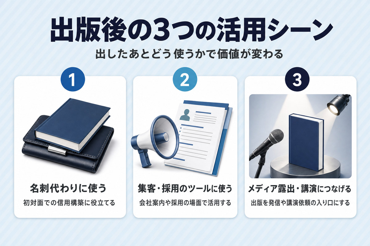 名刺代わりに使う・集客や採用のツールに使う・メディア露出や講演につなげるという出版後の3つの活用シーン