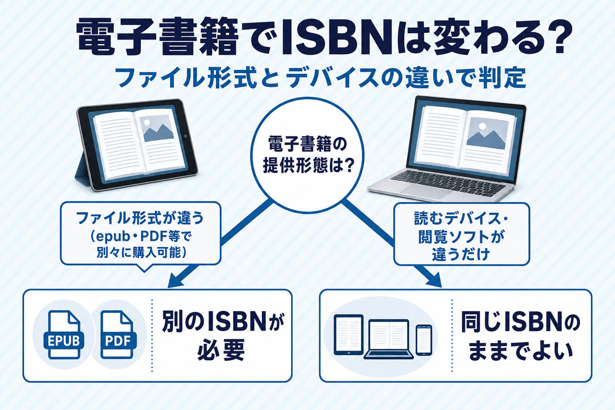 電子書籍のファイル形式とデバイスの違いでISBNが変わるかを示す判定フロー図 電子書籍のファイル形式とデバイスの違いでISBNが変わるかを示す判定フロー図
