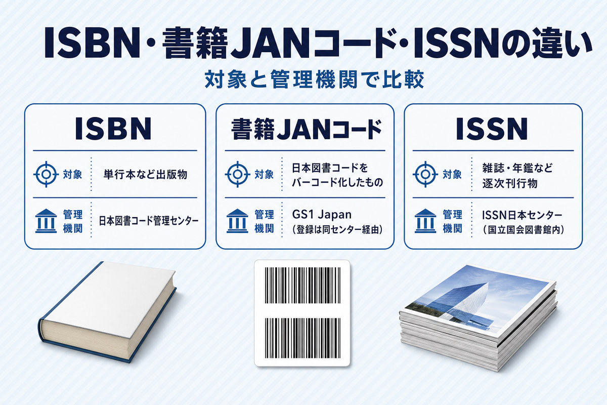 ISBN・書籍JANコード・ISSNを対象と管理機関で比較する図解 ISBN・書籍JANコード・ISSNを対象と管理機関で比較する図解