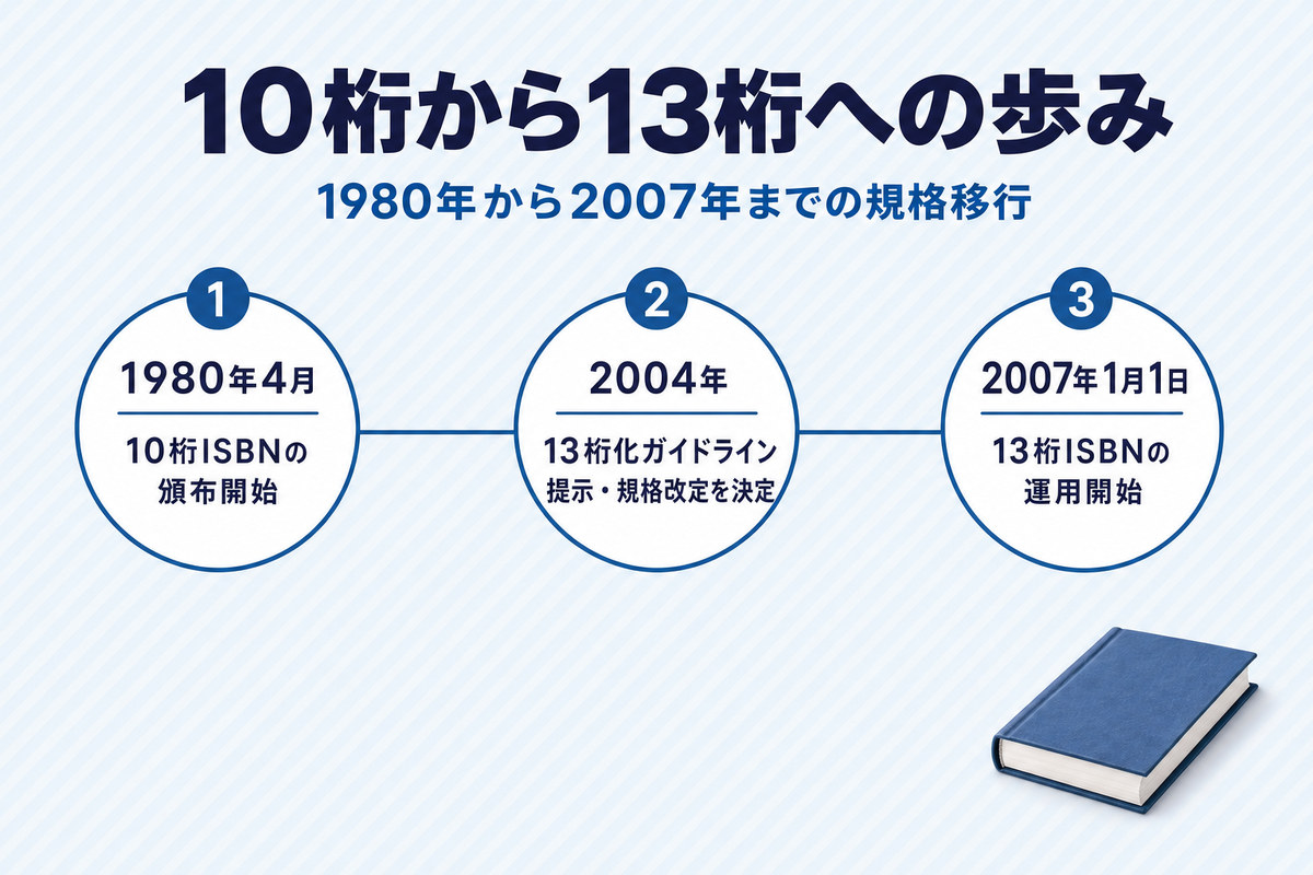 ISBNが10桁から13桁へ移行した1980年から2007年までの年表 ISBNが10桁から13桁へ移行した1980年から2007年までの年表