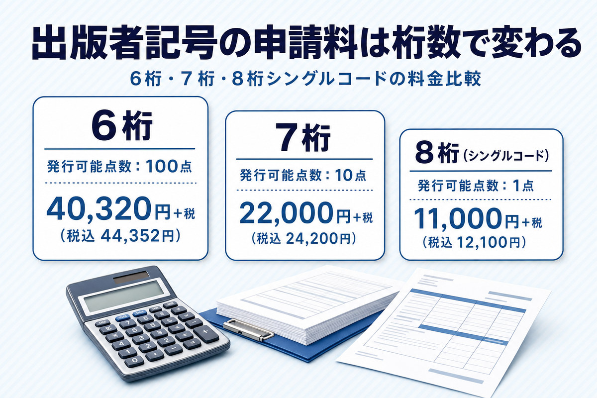 出版者記号の桁数別に申請料を税抜・税込で比較した料金体系図 出版者記号の桁数別に申請料を税抜・税込で比較した料金体系図