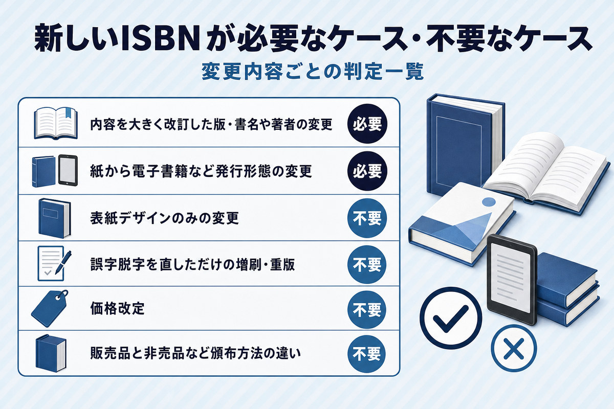 新しいISBNが必要になるケースと不要なケースのYes/No判定一覧 新しいISBNが必要になるケースと不要なケースのYes/No判定一覧