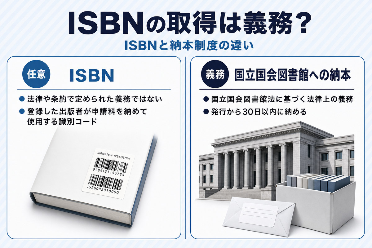 任意のISBNと法律上の義務である納本制度を対比する図解 任意のISBNと法律上の義務である納本制度を対比する図解