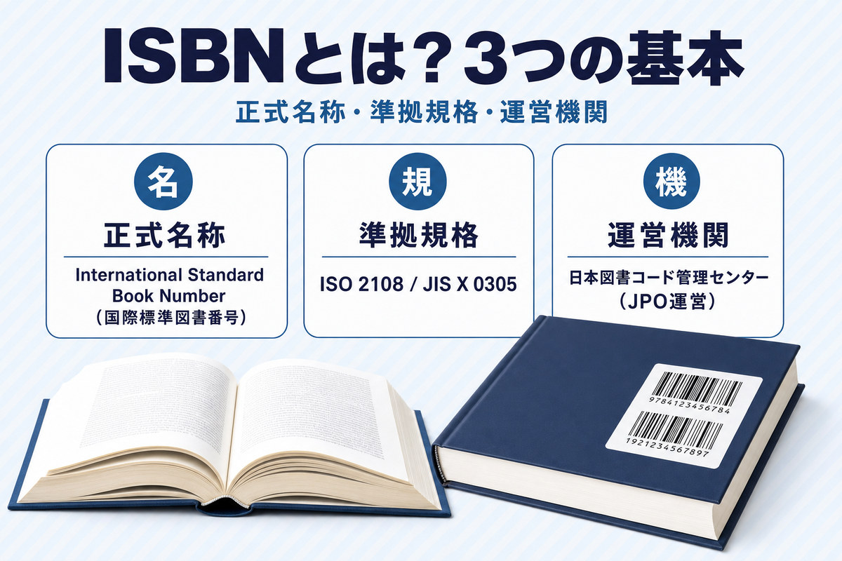 ISBNの正式名称・準拠規格・運営機関を示す3つの基本カード図解 ISBNの正式名称・準拠規格・運営機関を示す3つの基本カード図解