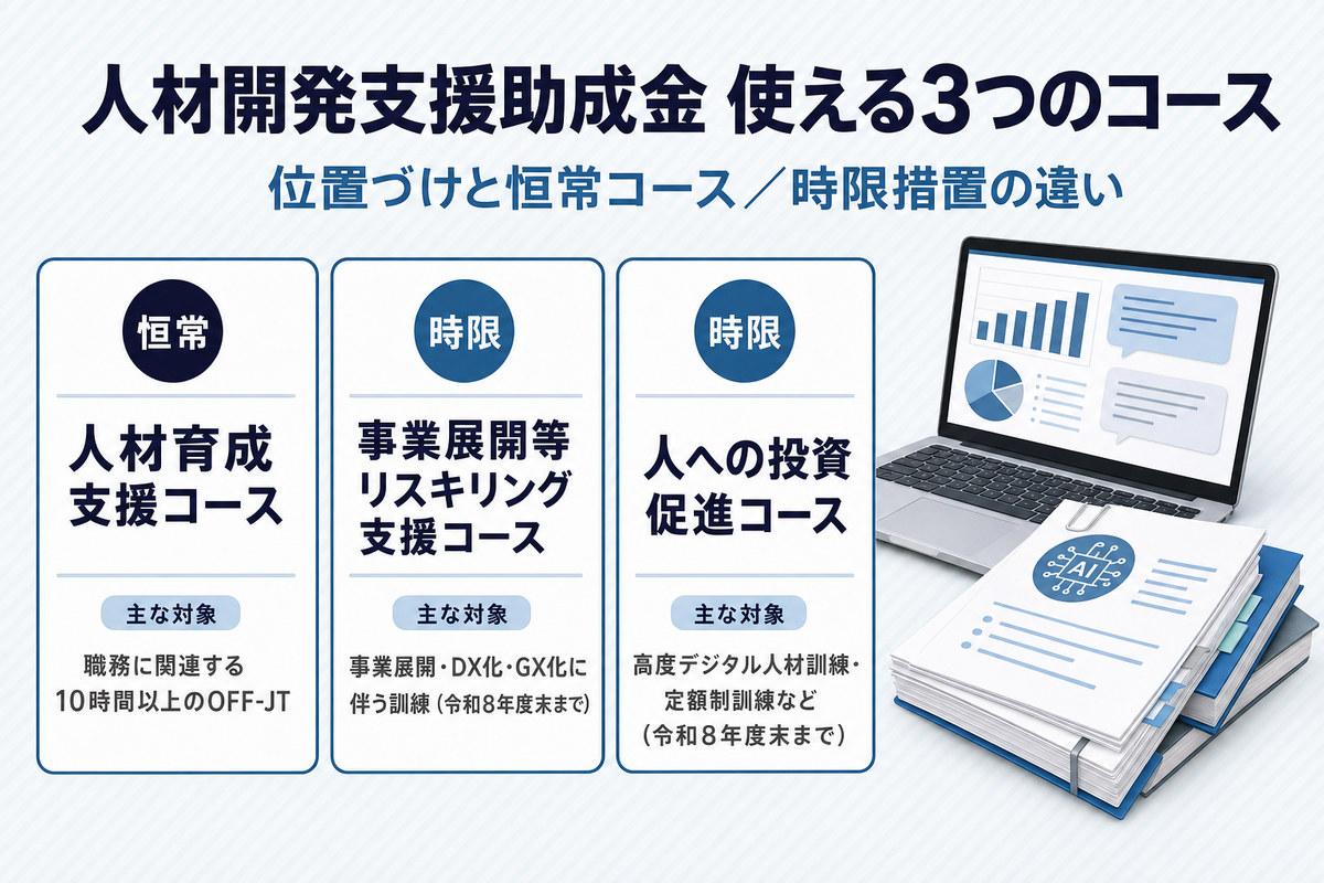 人材開発支援助成金でAI研修に使える3つのコースの位置づけと恒常コース・時限措置の違いを示す比較カード 人材開発支援助成金でAI研修に使える3つのコースの位置づけと恒常コース・時限措置の違いを示す比較カード