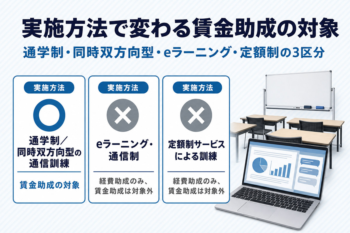 AI研修の実施方法別に賃金助成の対象になるかを示す3区分の比較表 AI研修の実施方法別に賃金助成の対象になるかを示す3区分の比較表