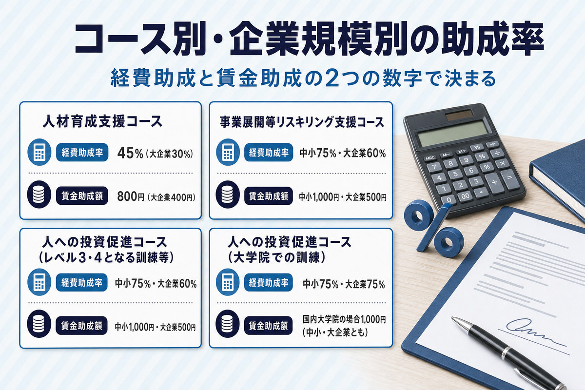 人材開発支援助成金のコース別・企業規模別の助成率と助成額を示すカード 人材開発支援助成金のコース別・企業規模別の助成率と助成額を示すカード