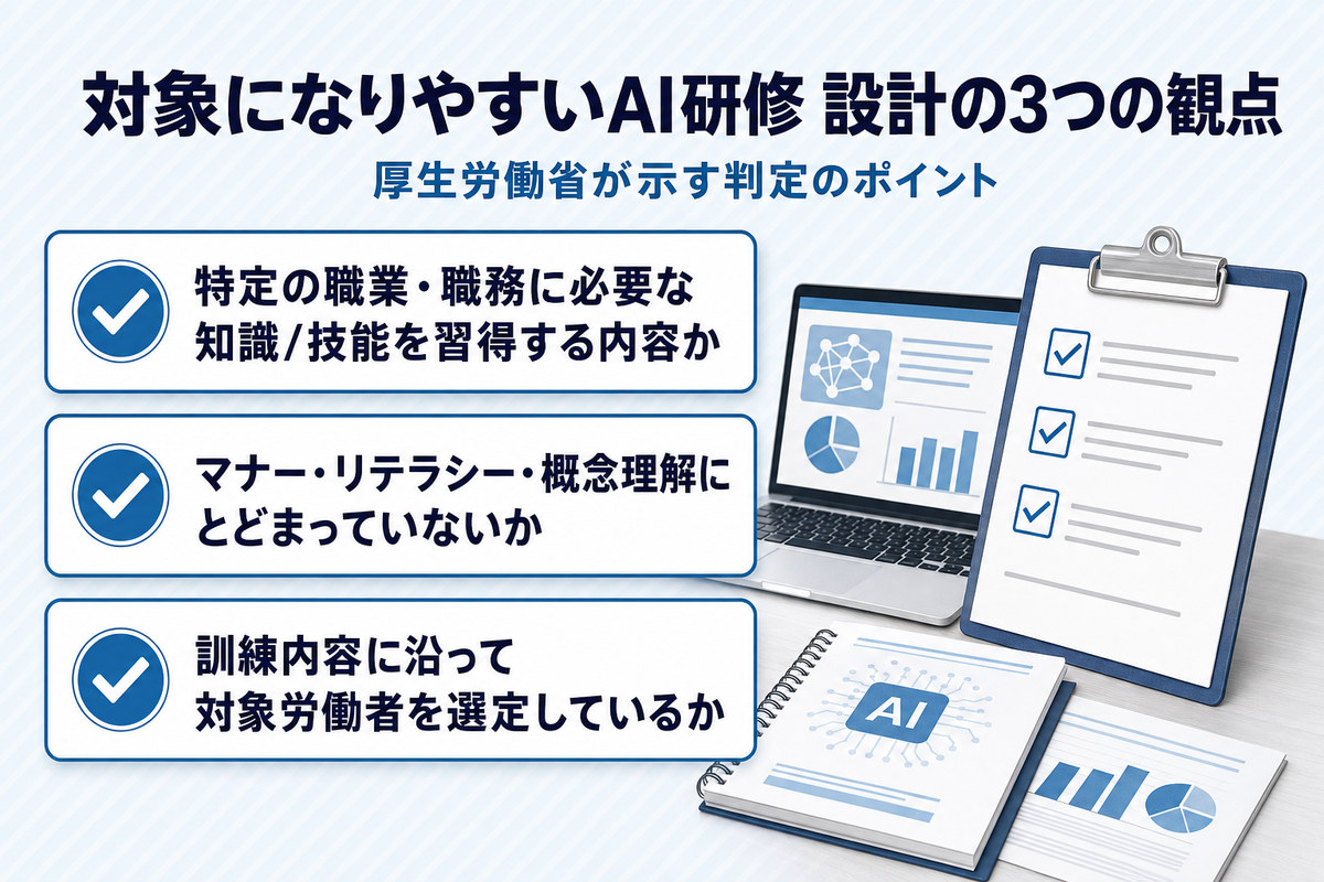 対象になりやすいAI研修を設計するための3つの判定ポイントを示すチェックリスト 対象になりやすいAI研修を設計するための3つの判定ポイントを示すチェックリスト