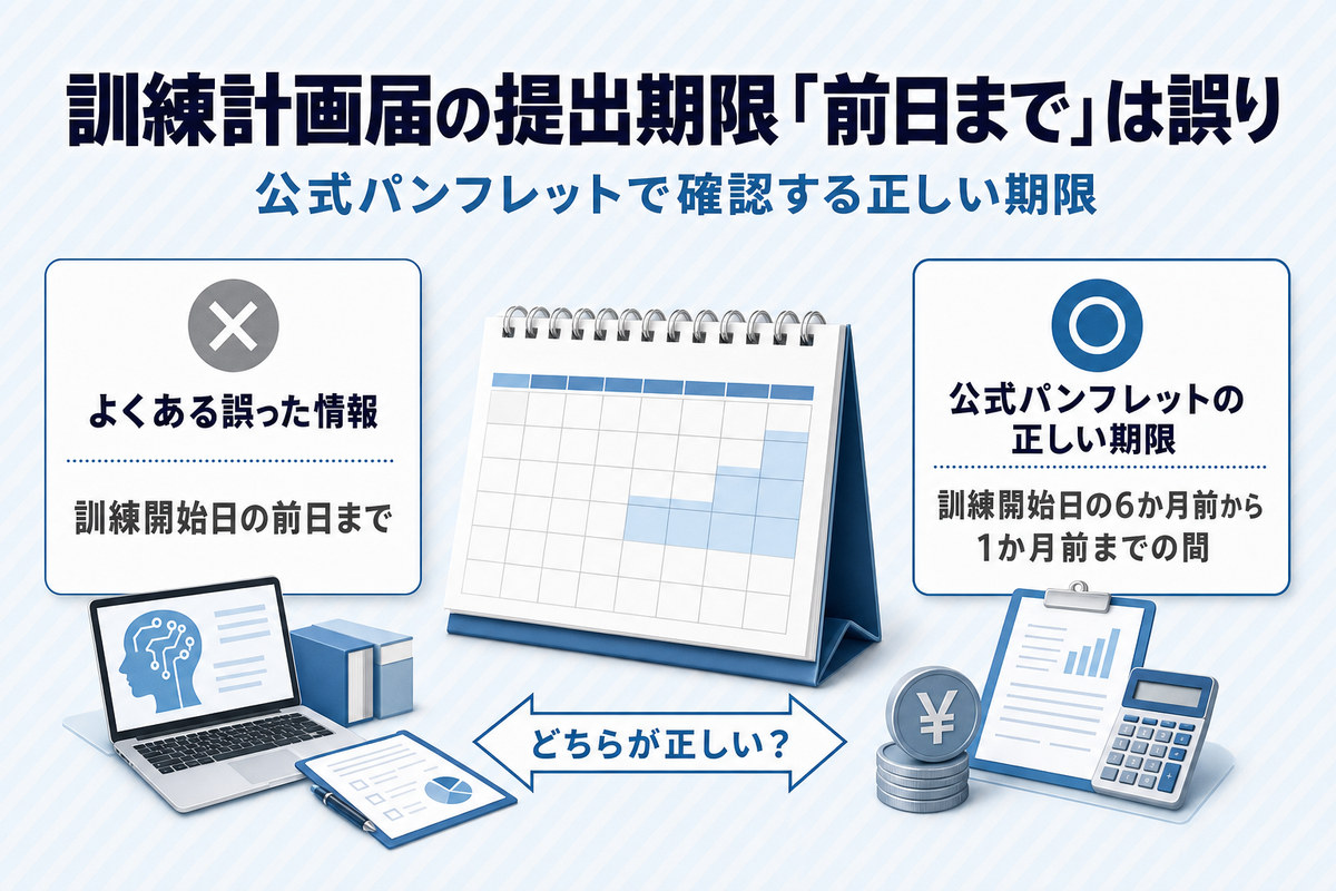 訓練計画届の提出期限について世間の誤情報と公式パンフレットの正しい期限を左右対比した図 訓練計画届の提出期限について世間の誤情報と公式パンフレットの正しい期限を左右対比した図