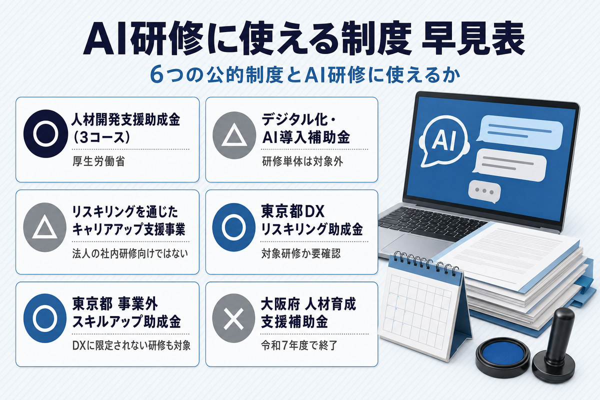 AI研修に使える6つの公的制度とAI研修に使えるかを○△×で示す早見表 AI研修に使える6つの公的制度とAI研修に使えるかを○△×で示す早見表