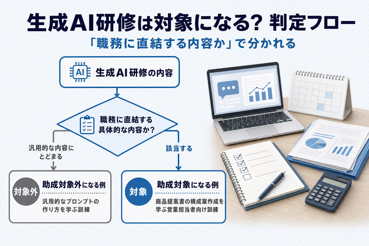 生成AI研修が助成対象になるかを職務に直結する内容かどうかで判定するフロー図 生成AI研修が助成対象になるかを職務に直結する内容かどうかで判定するフロー図