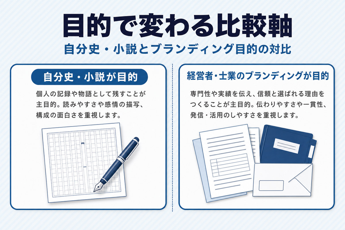 自分史・小説が目的の場合と経営者・士業のブランディングが目的の場合で重視する軸を対比した2カラム図 自分史・小説が目的の場合と経営者・士業のブランディングが目的の場合で重視する軸を対比した2カラム図