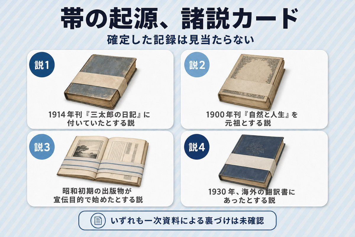 帯の起源に関する4つの説を並べたカード。確定した記録は見当たらないと明記 帯の起源に関する4つの説を並べたカード。確定した記録は見当たらないと明記