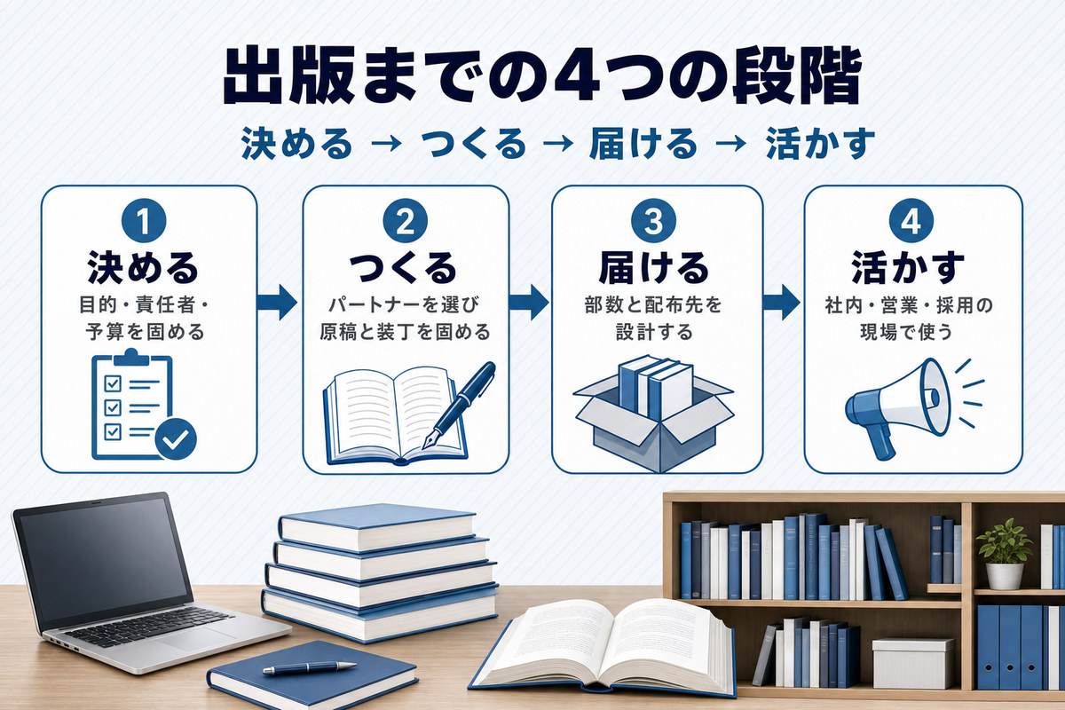 企業出版の出版までの流れを決める・つくる・届ける・活かすの4段階で示すフロー図 企業出版の出版までの流れを決める・つくる・届ける・活かすの4段階で示すフロー図