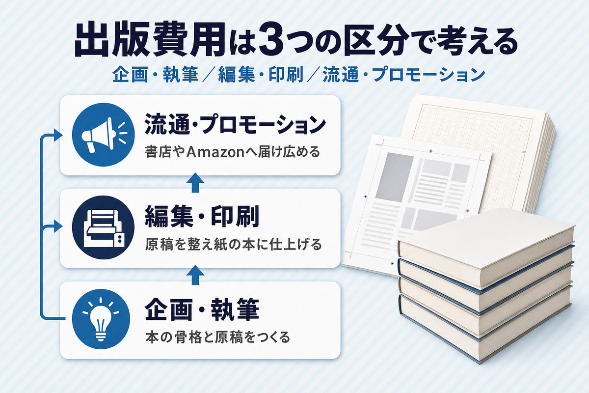 企業出版の費用を企画・執筆/編集・印刷/流通・プロモーションの3区分に整理した構造図 企業出版の費用を企画・執筆/編集・印刷/流通・プロモーションの3区分に整理した構造図