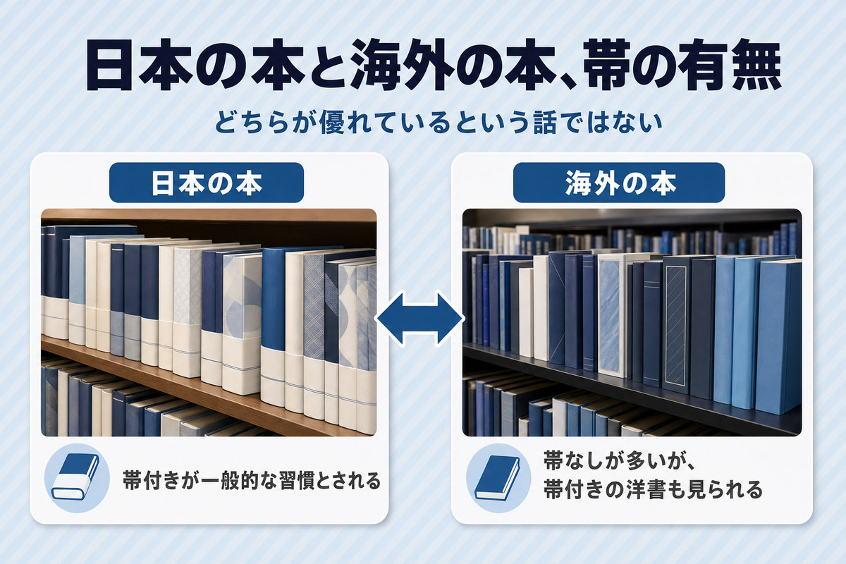 日本の本と海外の本の外装比較図。帯の有無を両論併記で示す 日本の本と海外の本の外装比較図。帯の有無を両論併記で示す