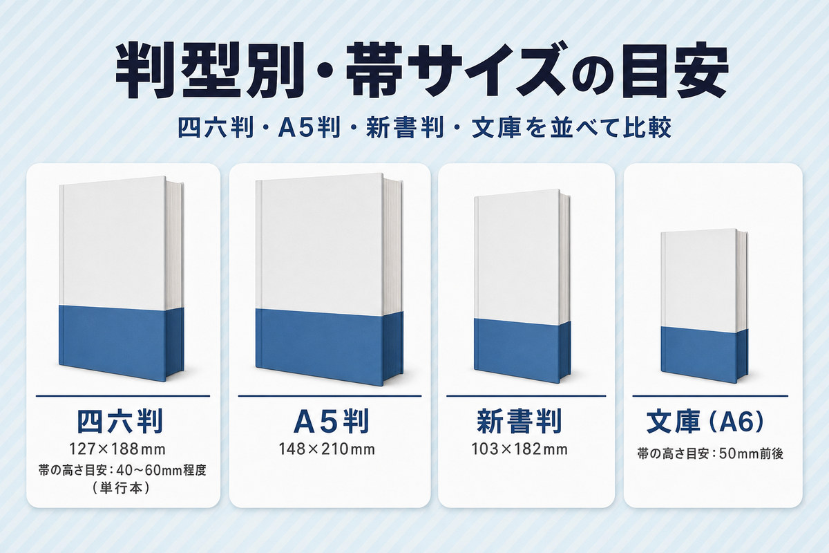 判型別の帯サイズ比較図。四六判・A5判・新書判・文庫の帯の高さイメージ 判型別の帯サイズ比較図。四六判・A5判・新書判・文庫の帯の高さイメージ