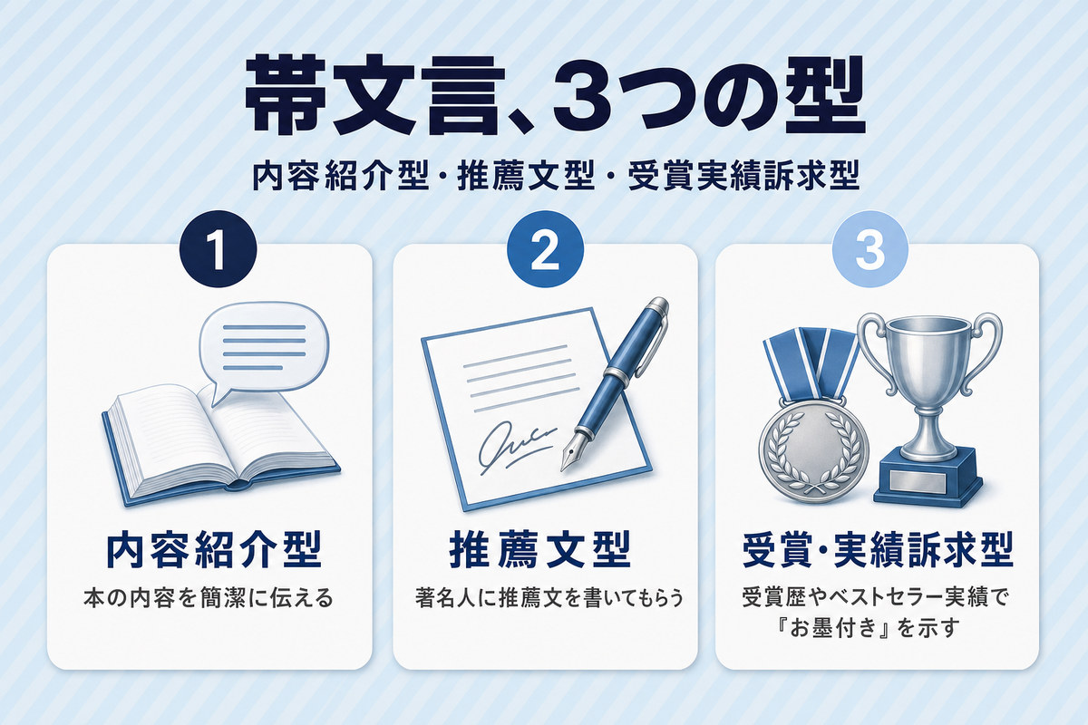 帯文言タイプ分類カード。内容紹介型・推薦文型・受賞実績訴求型など 帯文言タイプ分類カード。内容紹介型・推薦文型・受賞実績訴求型など