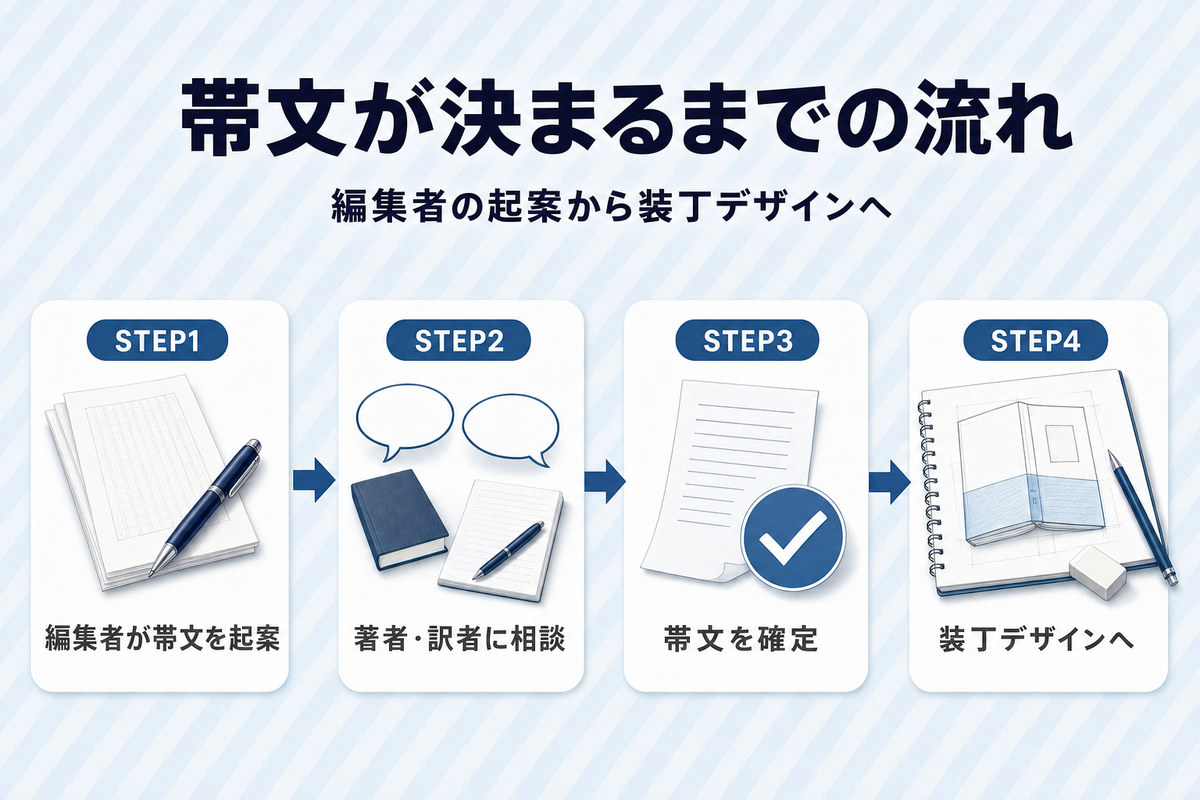 帯文が決まるまでの流れ図。編集者が起案→著者・訳者に相談→帯文を確定→装丁デザインへ 帯文が決まるまでの流れ図。編集者が起案→著者・訳者に相談→帯文を確定→装丁デザインへ
