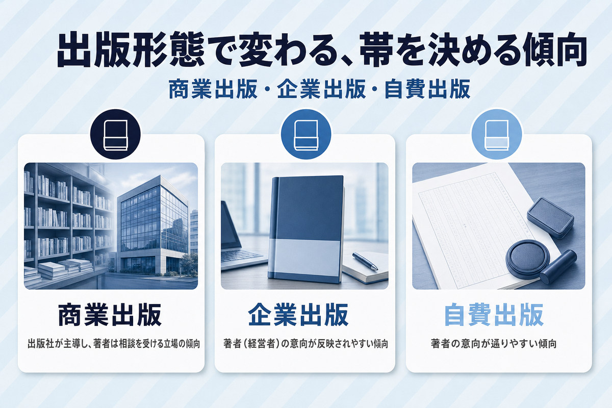 出版形態3カード比較図。商業出版・企業出版・自費出版で帯を誰が決めるかの傾向を並べる 出版形態3カード比較図。商業出版・企業出版・自費出版で帯を誰が決めるかの傾向を並べる