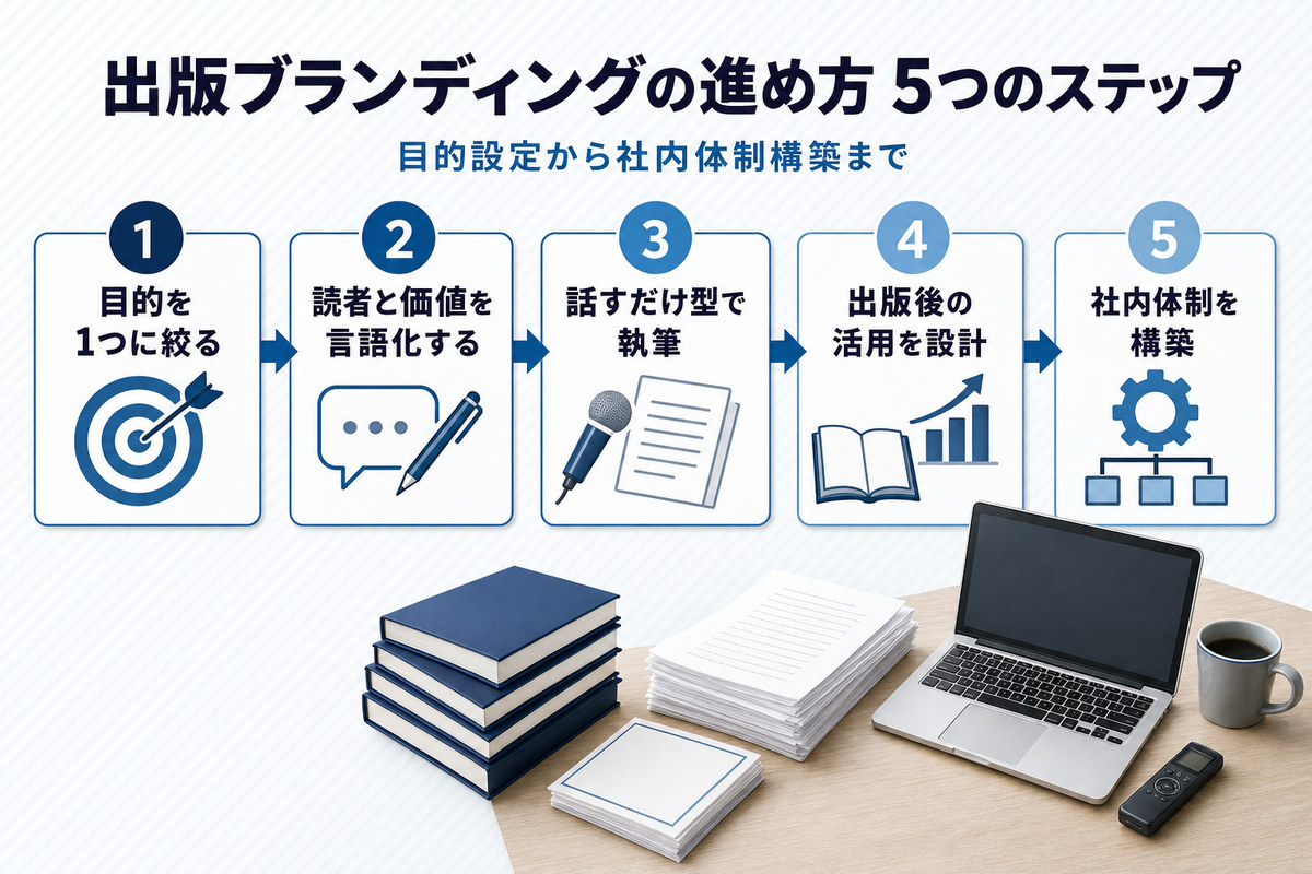 出版ブランディングの進め方5つのステップを示すフロー図解