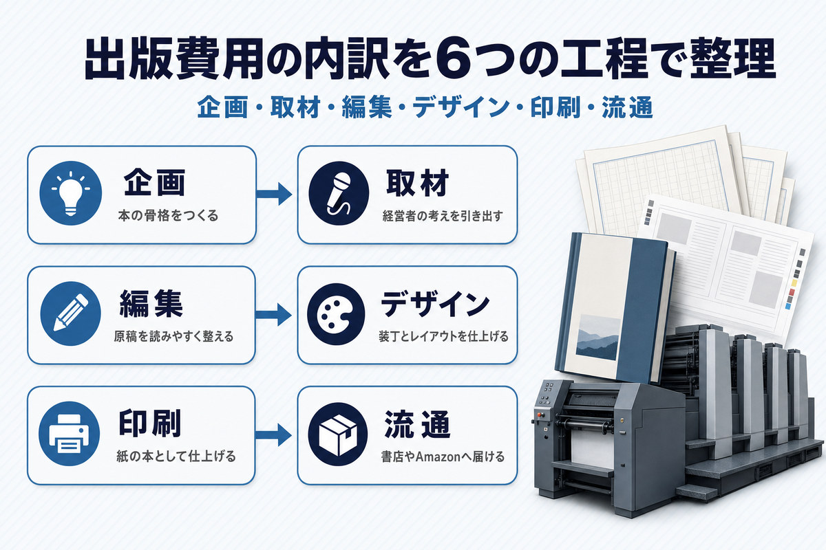 出版費用の内訳を企画・取材・編集・デザイン・印刷・流通の6工程で整理した図解（金額は非公表）