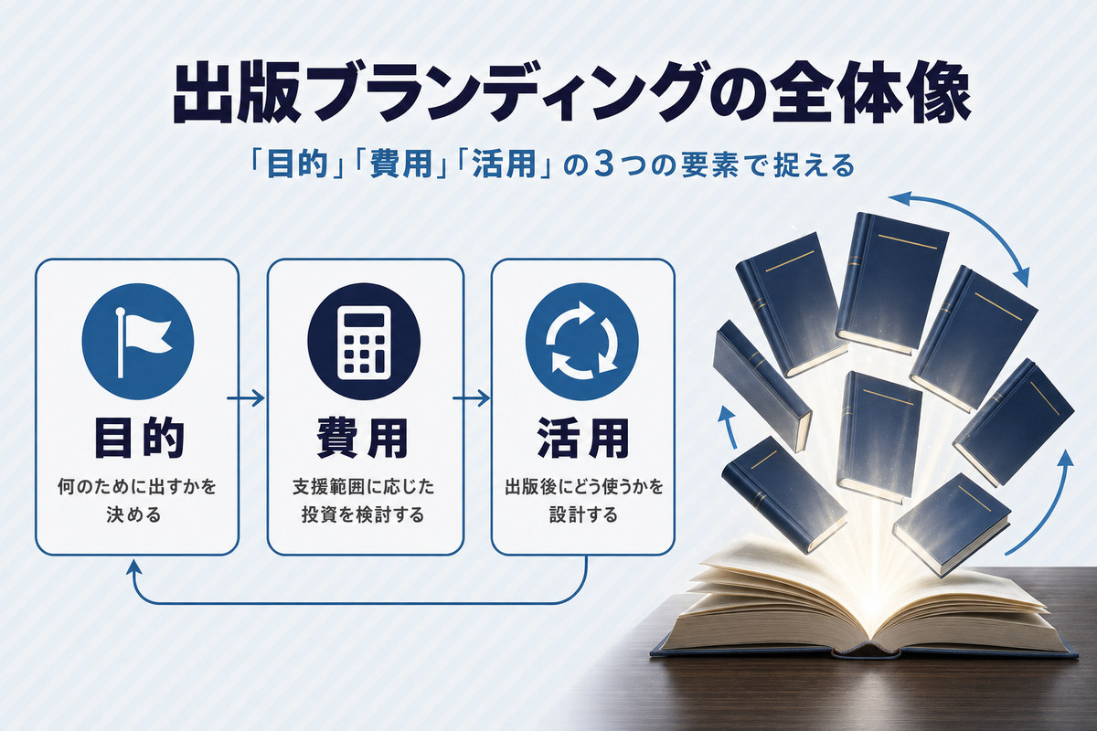 出版ブランディングの全体像。目的・費用・活用の3要素が循環する構造を示す図解