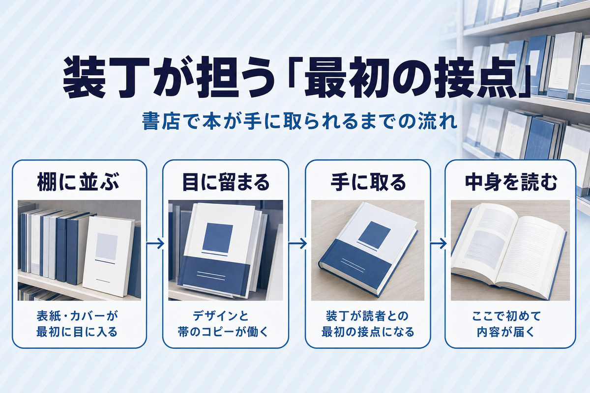 書店の棚に並ぶ→目に留まる→手に取る→中身を読む、という読者の流れの中で装丁が最初の接点になることを示した図解