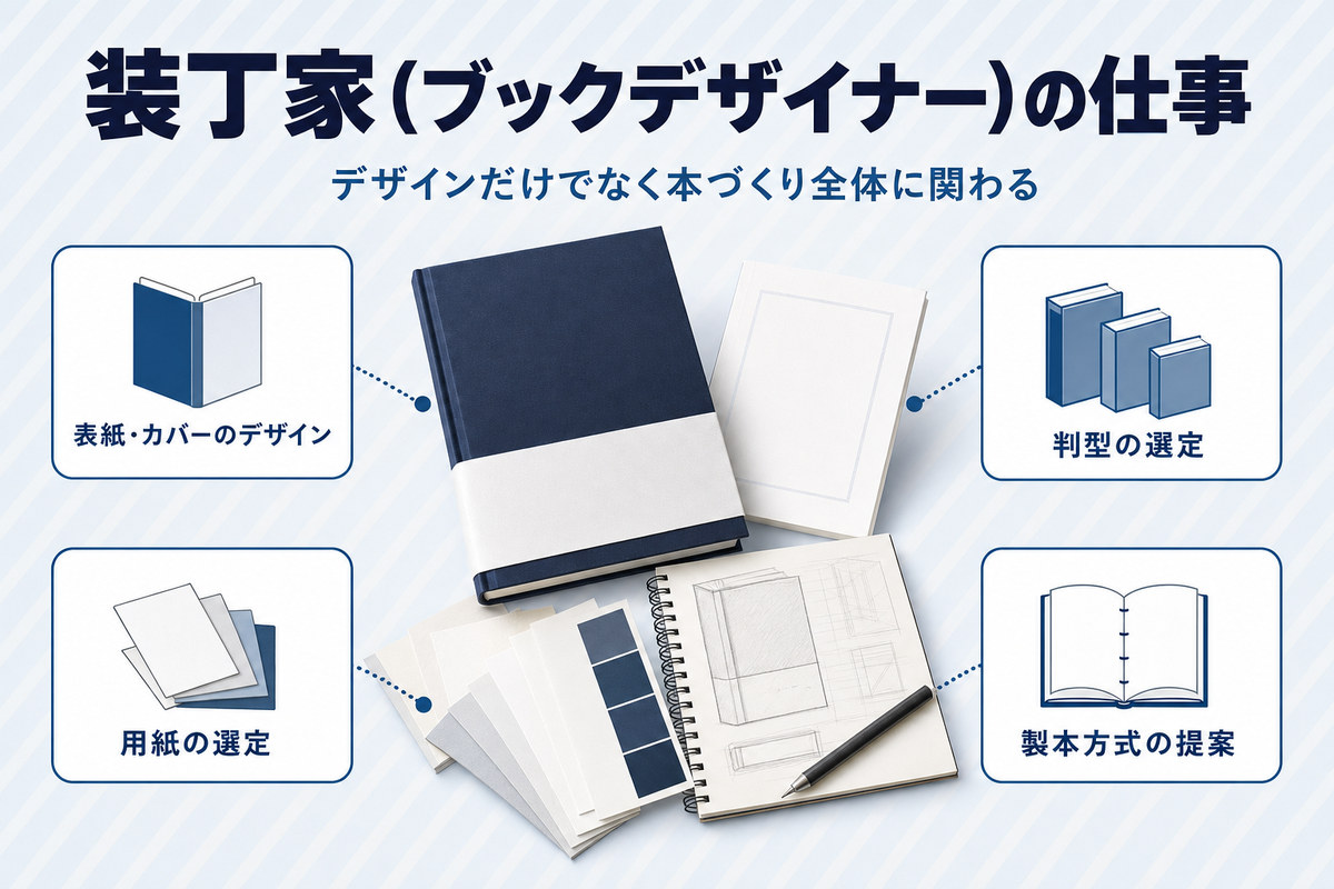 装丁家が表紙・カバーのデザインに加えて判型の選定・用紙の選定・製本方式の提案まで担うことを示した図解