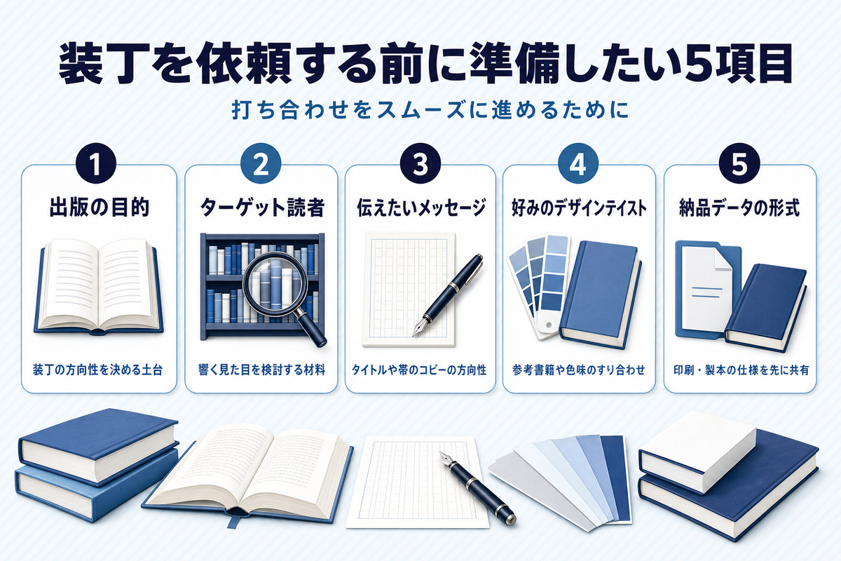 装丁を依頼する前に準備したい出版の目的・ターゲット読者・伝えたいメッセージ・好みのデザインテイスト・納品データの形式の5項目を示した図解