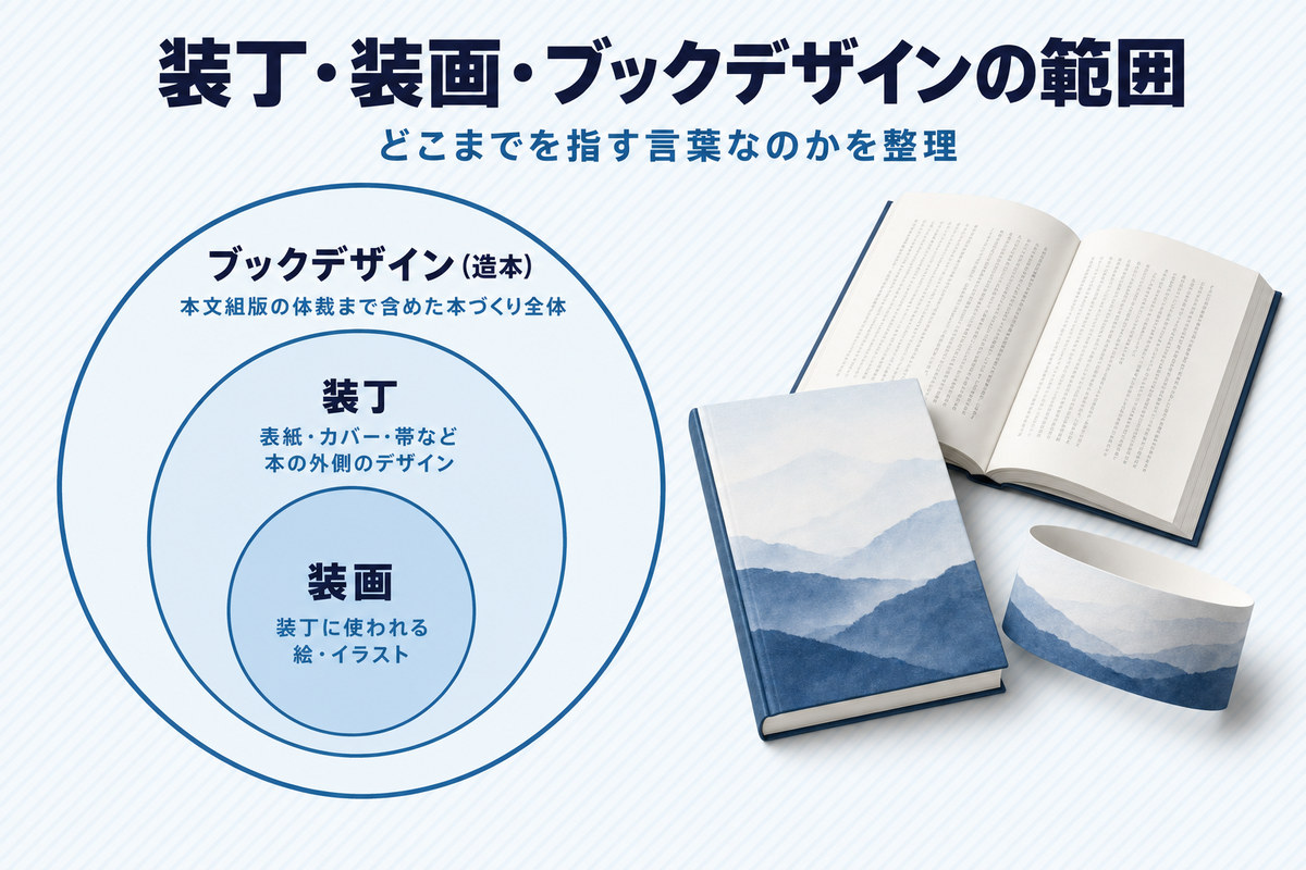 装画・装丁・ブックデザインの範囲を入れ子の同心円で示し、装画が装丁に、装丁がブックデザインに含まれる関係を表した図解