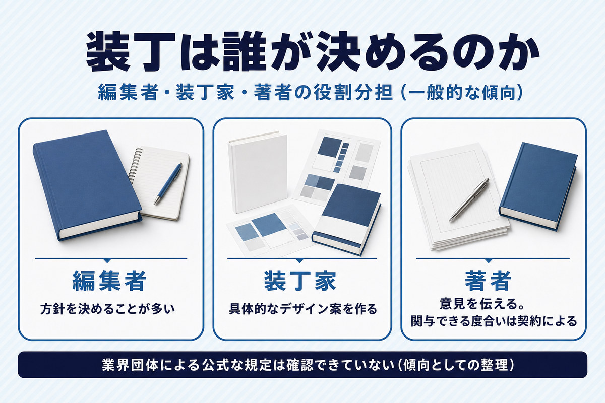 編集者が方針を決め装丁家が案を作り著者が意見を伝えるという一般的な役割分担と、公式な規定は確認できていない旨を併記した図解