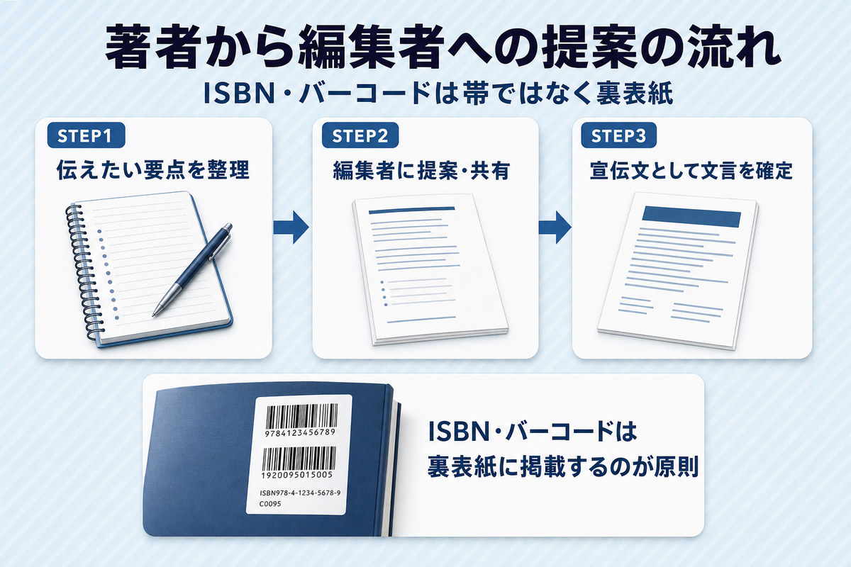 著者から編集者へ帯文言を提案する流れ図。ISBN・バーコードは裏表紙に掲載する注記付き 著者から編集者へ帯文言を提案する流れ図。ISBN・バーコードは裏表紙に掲載する注記付き