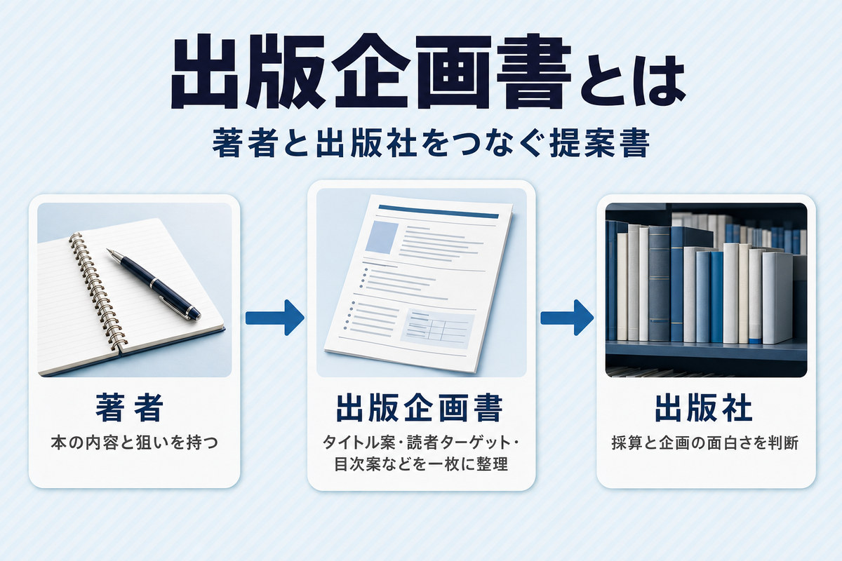 出版企画書は著者と出版社をつなぐ提案書であることを示す相関図(著者→出版企画書→出版社) 出版企画書は著者と出版社をつなぐ提案書であることを示す相関図(著者→出版企画書→出版社)